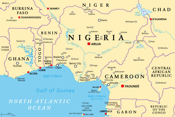 Nigeria and West Africa countries on the Gulf of Guinea, political map Nigeria and West Africa countries on the Gulf of Guinea, political map. Ghana, Togo, Benin, Nigeria, Cameroon, Equatorial Guinea, and Sao Tome And Principe, with borders, capitals and largest cities. oyo state stock illustrations
