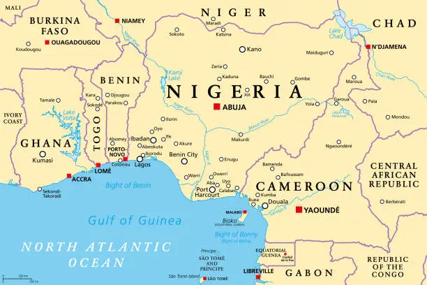 Vector illustration of Nigeria and West Africa countries on the Gulf of Guinea, political map
