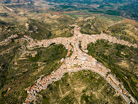 Aerial view of a mountain town Centuripe,Enna province,Sicily,Italy