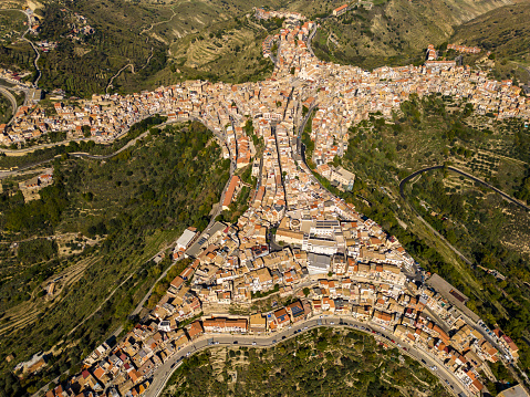 Drone shot of a mountain town Centuripe,Enna province,Sicily,Italy