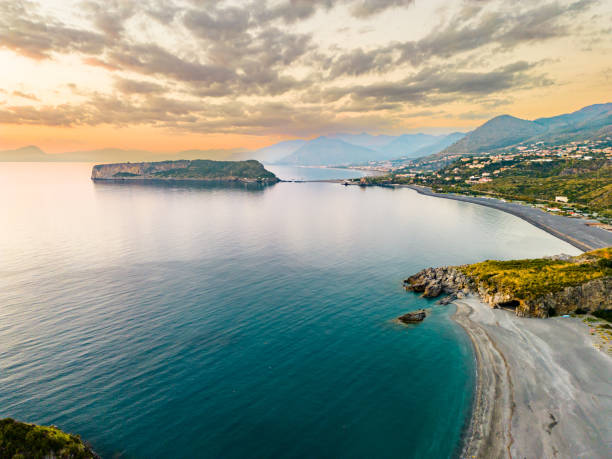 Aerial view of town and beach resort Aerial view of Praia a Mare beach and coastal town calabria stock pictures, royalty-free photos & images