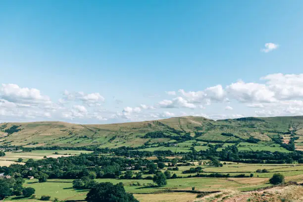 Beautiful field view on Edale village and Mam Tor at Peak District National Park, England, UK. Staycation concept of traveling local