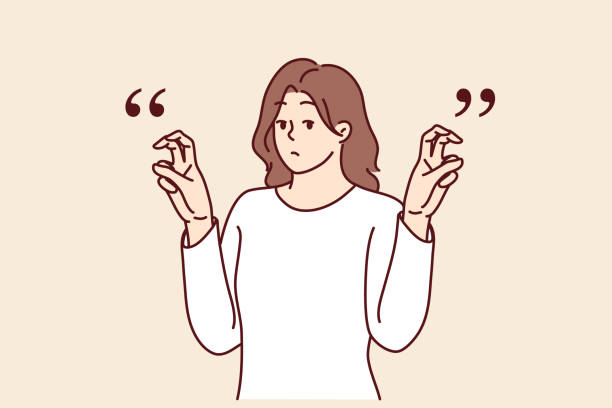 молодая женщина жестикулирует в кавычках пальцами, произнося саркастические слова или намеки. - mockery stock illustrations
