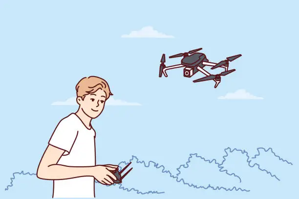 Vector illustration of Teenage boy launches quadcopter using remote control and makes aerial photography from drone