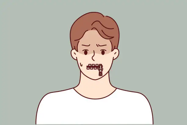 Vector illustration of Silent man with zipper on lips is trying to hide compromising information or unpopular opinion