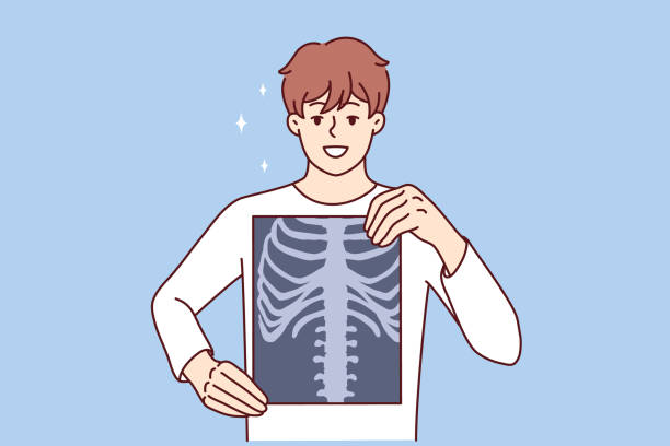 ilustrações de stock, clip art, desenhos animados e ícones de man applies x-ray film to chest to prove absence of cancerous tumor or spinal injury - doctor vector radiologist happiness