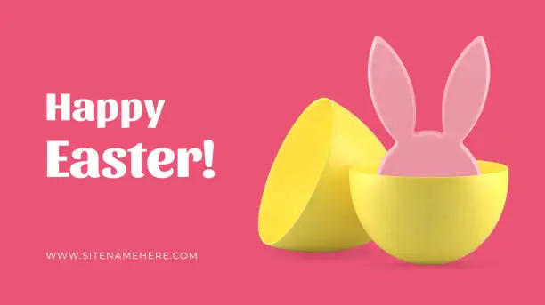 Vector illustration of Happy Easter banner template design rabbit ears hiding in egg half realistic vector illustration