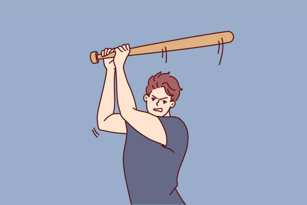 Aggressive guy attacks people using baseball bat as weapon, wanting to beat and injure opponent Aggressive man swings wooden bat to hit ball or fend off attacking criminals. Aggressive guy attacks people using baseball bat as weapon, wanting to beat and injure opponent after argument nervous baseball stock illustrations