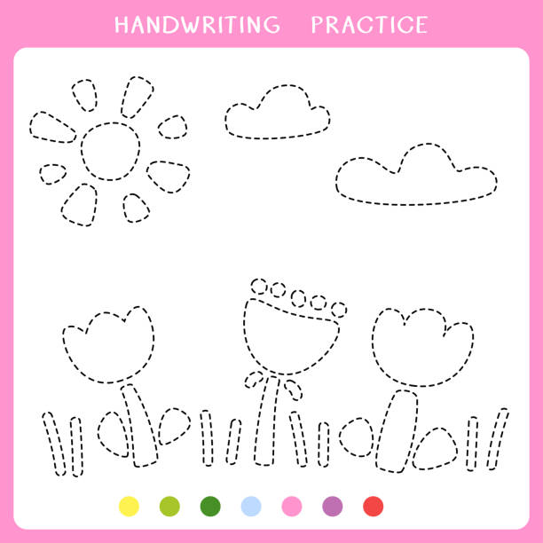 ilustrações de stock, clip art, desenhos animados e ícones de handwriting practice sheet with spring landscape for kids - tulip field flower cloud