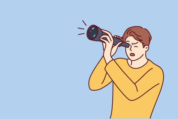 Vector illustration of Guy is looking through spyglass while looking at sights or watching rare astronomical phenomenon