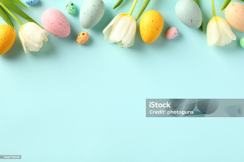Happy Easter concept. Frame top border made of tulips spring flowers and colorful Easter eggs on light blue background. Easter Stock Photo