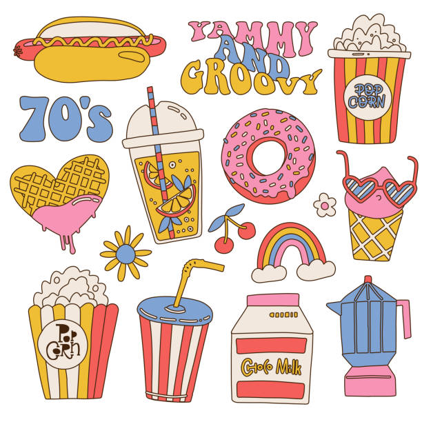 illustrazioni stock, clip art, cartoni animati e icone di tendenza di set di adesivi per cibo e bevande spazzatura groovy hippie retro. simpatico logo icona vintage etichetta in stile anni '70, '80, '90. appartamento con illustrazione vettoriale del contorno lineare, elementi di design deliziosi vintage. - coffee donut old fashioned snack