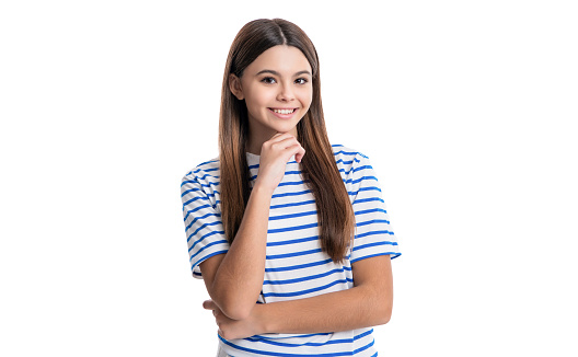 positive teen girl portrait with nice skin isolated on white background. portrait of teen girl having soft skin. teen girl skin care. portrait of teen girl in studio. skin care concept.