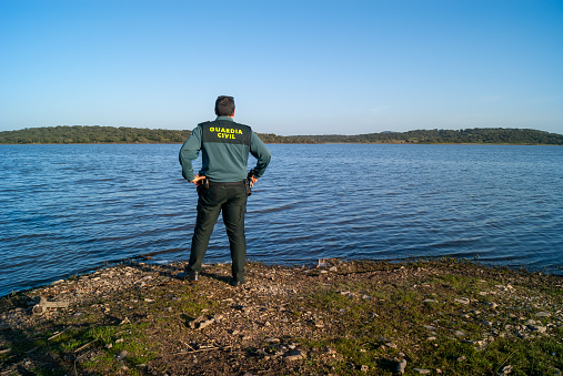 Badajoz, Spain. February 16, 2023. Spanish Civil Guard monitoring the reservoirs and water resources of Extremadura.