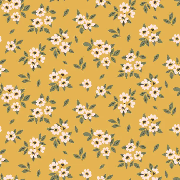 Vector illustration of Seamless floral pattern with small cute chamomile flowers, leaves on a mustard background. Vector.