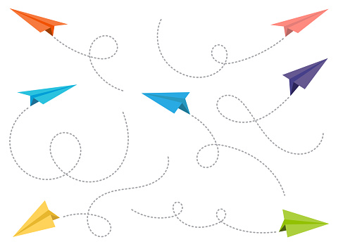 Paper airplane with dotted path vector set