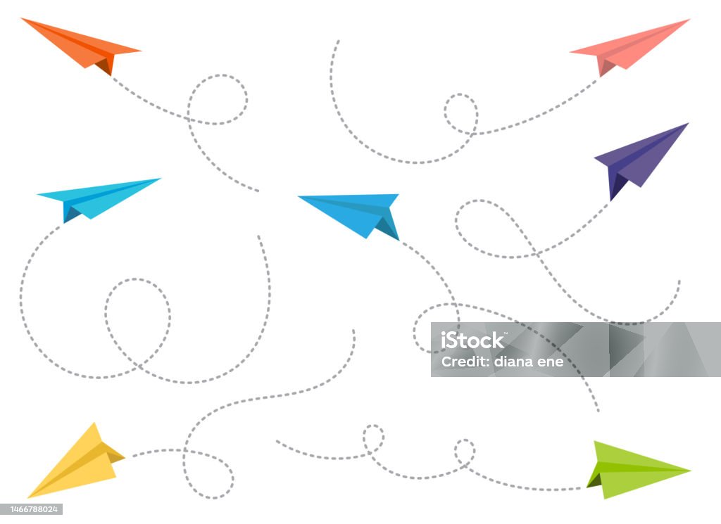 Paper Airplane With Dotted Path Vector Set Stock Illustration ...