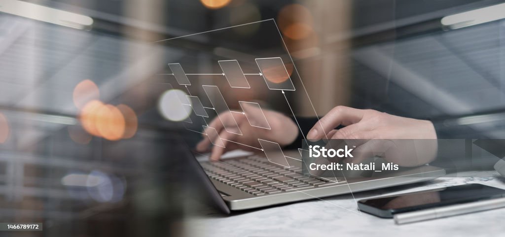 Programmer Working On Laptop With Algorithm Stock Photo - Download ...
