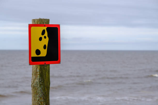 una señal de advertencia sobre un posible deslizamiento de tierra cerca de la orilla del mar. refleja la idea del concepto de precaución y señales de advertencia. - steep road footpath moving down fotografías e imágenes de stock