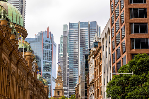 City street with new and old buildings, Sydney CBD, full frame horizontal composition
