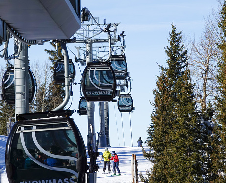 Snowmass Village, Colorado, USA- February 10, 2023: Elk Camp Gondola. Snowmass ski resort, Aspen, Colorado in winter.