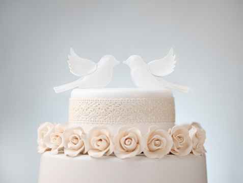 White wedding cake decorated with roses,lace and a bird couple
