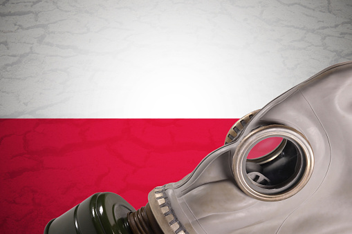 Poland flag gas mask, concept of air pollution, radiation, toxic waste