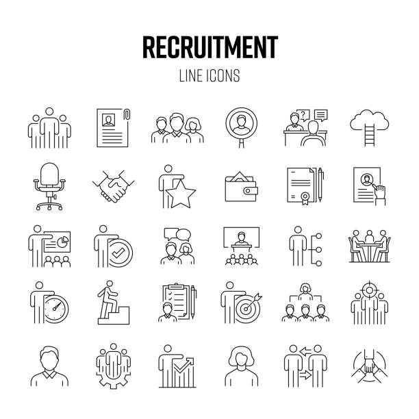 kumpulan ikon jalur rekrutmen. sumber daya manusia, resume, pencarian kerja, lowongan. - karyawan baru ilustrasi stok