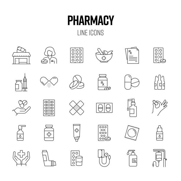 illustrations, cliparts, dessins animés et icônes de jeu d’icônes de ligne de pharmacie. médecine, pharmacien, ordonnance, médicament. - pill bottle pharmacy medicine shelf
