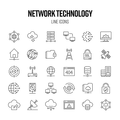 Network Technology Line Icon Set. Computer, Database, Server, File Sharing, Cloud Computing.