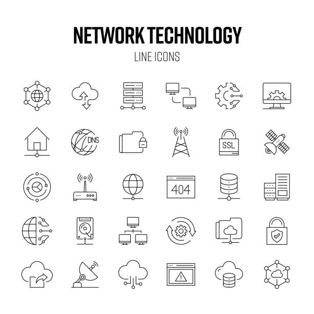 Network Technology Line Icon Set. Computer, Database, Server, File Sharing, Cloud Computing. vector art illustration