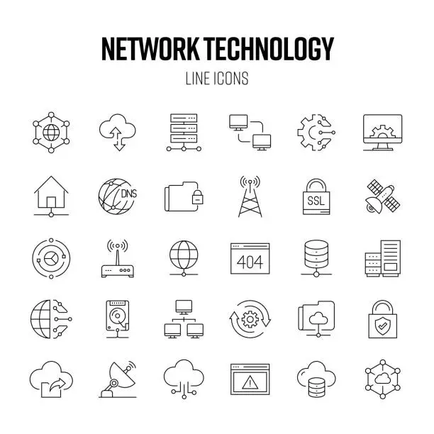 Vector illustration of Network Technology Line Icon Set. Computer, Database, Server, File Sharing, Cloud Computing.