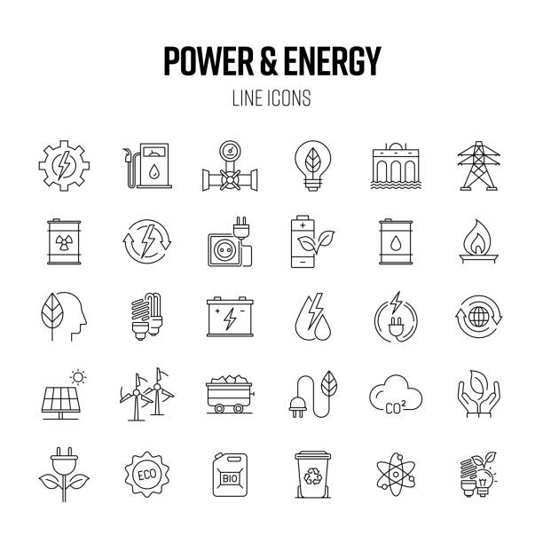 전력 및 에너지 산업 라인 아이콘 세트��입니다. 전기, 생태, 지속 가능성, 가스. - station symbol computer icon gasoline stock illustrations