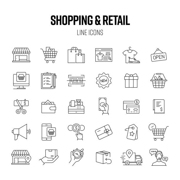 shopping- und retail-line-icon-set. shop, shop, barcode, kauf, zahlung. - discountladen stock-grafiken, -clipart, -cartoons und -symbole