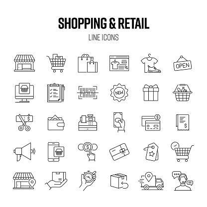 Shopping and Retail Line Icon Set. Store, Shop, Barcode, Purchase, Payment.