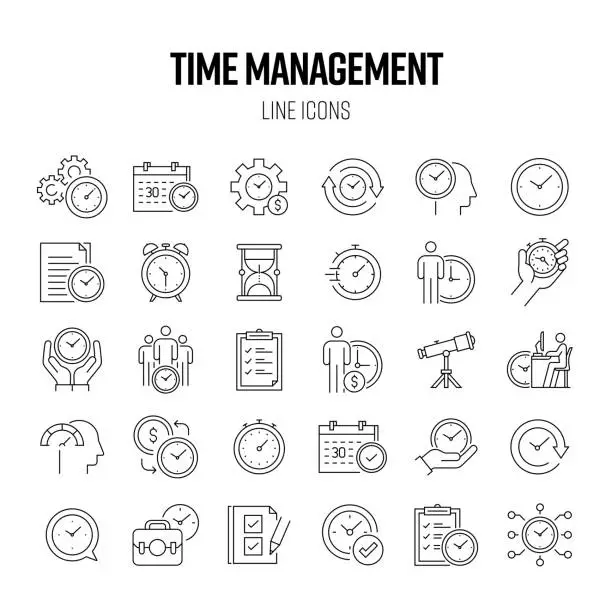 Vector illustration of Time Management Line Icon Set. Schedule, Deadline, Urgency, Clock, Calendar.