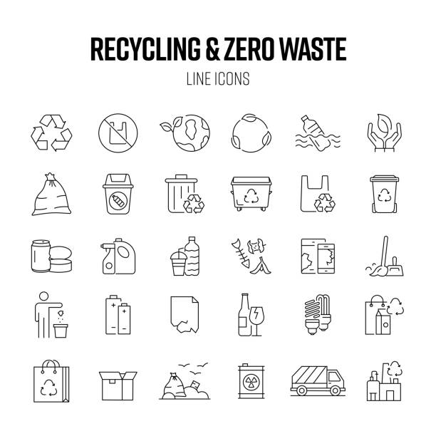 recycling und zero waste line icon set. umweltverschmutzung, ökologie, globale erwärmung, nachhaltiger lebensstil. - recycling symbol stock-grafiken, -clipart, -cartoons und -symbole