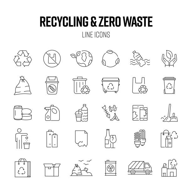 illustrazioni stock, clip art, cartoni animati e icone di tendenza di set di icone della linea riciclaggio e zero waste. inquinamento, ecologia, riscaldamento globale, stile di vita sostenibile. - recycling symbol