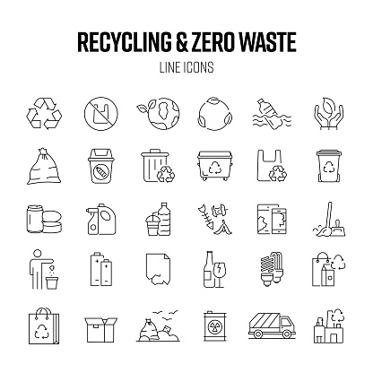 Recycling and Zero Waste Line Icon Set. Pollution, Ecology, Global Warming, Sustainable Lifestyle.