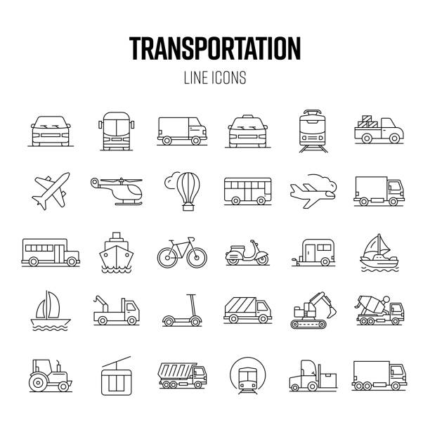 набор иконок транспортной линии. автомобиль, поезд, метро, автобус, караван. - bicycle pick up truck icon set computer icon stock illustrations