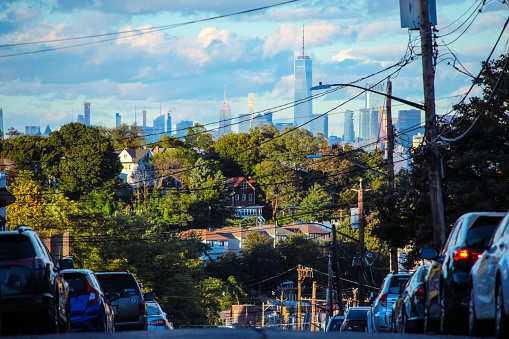 View of the downtown Manhattan skyline from a suburb in Staten Island.