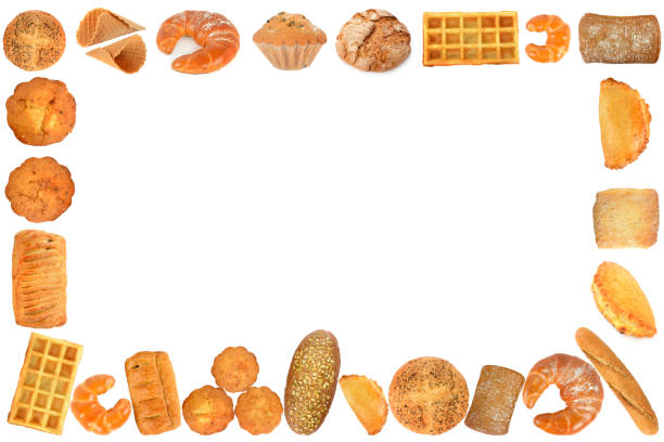 Frame from delicious and fresh bread products isolated on white background.