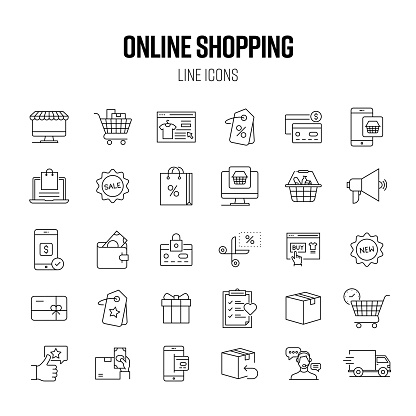 Online Shopping Line Icon Set. Internet, E-Commerce, Mobile App, Free Shipping.