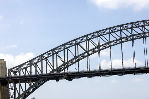 Part of Sydney Harbour Bridge with stone pillar, background with copy space, full frame horizontal composition