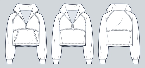 Set of Sweatshirt technical fashion illustration. Raglan Sleeve cropped Sweatshirt fashion flat technical drawing template, zip-up, raw, oversized, front and back view, white color, women, men, unisex CAD mockup.