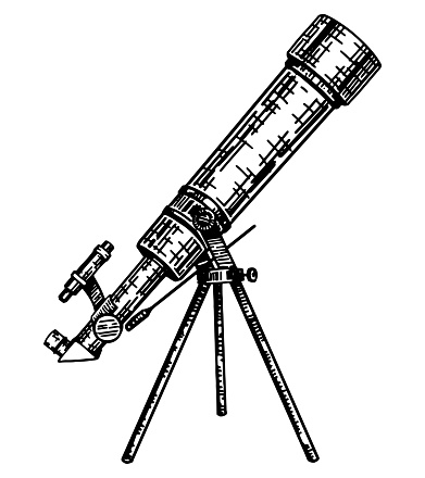 Telescope on tripod sketch. Astronomical equipment, scientific instrument outline clip art. Hand drawn vector illustration isolated on white..