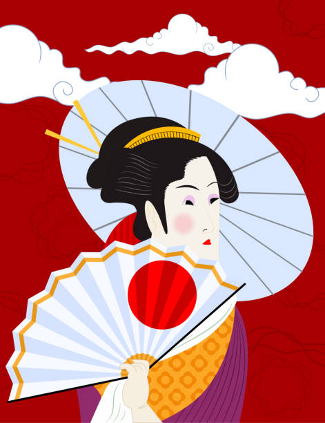 японское искусство - изображение гейши с зонтиком и ручным веером - japan japanese ethnicity flag japanese flag stock illustrations