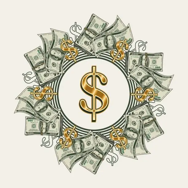 Vector illustration of Circular money frame with US dollar bills, gold dollar sign, copy space