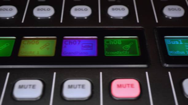 istock Panel of a professional digital audio mixer close-up. The camera makes a slide. 1466807251