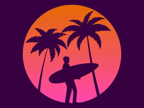 Vector illustration of Surfer with surfboard at sunset background. Silhouette of a surfer and palm trees against the background of a gradient sun. Design for banners, posters and promotional items. Vector illustration